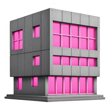 Concrete block building in brutalist style with one pink neon window and several standard windows sticker