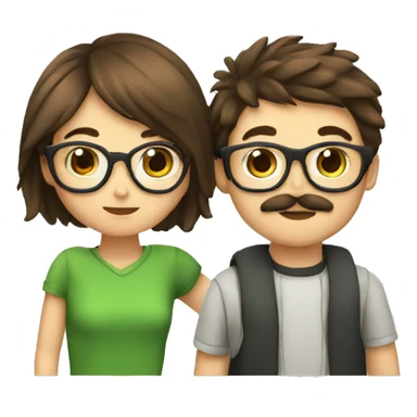 A boy with brown hair and a mustache is kissing a green haired girl wearing glasses sticker