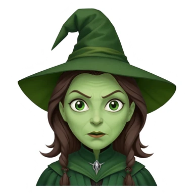 Wicked Witch of the West from the Wizard of Oz with green skin and eyes, brown long hair, dark green outfit sticker