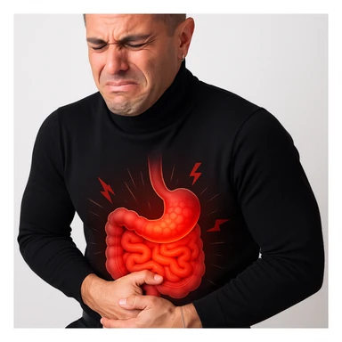 Realistic style image of a man holding his belly with both hands, suffering face, focus on the inflamed intestine with redness and pain symbols. Light background. sticker