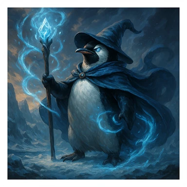 a heroic penguin wizard with a flowing cape, icy blue magic swirling around, epic fantasy style sticker