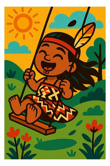 A young Maori girl with traditional features, swinging joyfully on a swing, wearing a patterned dress and a feather in her hair, outdoors, vibrant and expressive style sticker