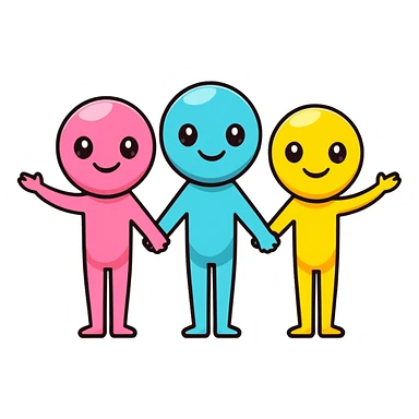 Three smiling characters standing together with complementary personality traits symbolized by different colored auras that blend harmoniously sticker