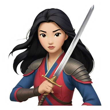 Cinematic Realistic Mulan Portrait, depicted with lifelike skin texture, soft natural lighting, and intricately detailed long black hair styled elegantly. Her deep, expressive eyes exude determination and grace, complemented by a serene yet confident expression. She stands with one hand resting on the hilt of her sword, the other by her side, exuding strength and poise. She is dressed in her classic attire, with rich fabric textures and delicate folds that catch the light beautifully. The portrait features a soft, enchanting glow with a natural, radiant finish, capturing the essence of timeless strength and beauty in a realistic and painterly style, evoking a sense of depth and authenticity. sticker