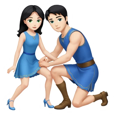 prince, upright, black Hair, blue eyes, blue garment,  Woman, blonde Hair, Green eyes, bending knee, sleveless, white Dress, sticker