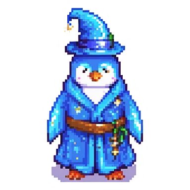 pixel art penguin wizard with blue robe and magic sparkles sticker