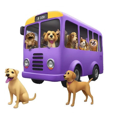 Dog on a purple bus with a rainbow and animal passengers sticker