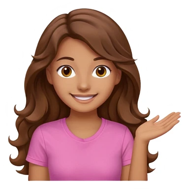 A pretty girl with tan skin and long wavy hair, wearing a pink basic shirt with brown eyes sticker