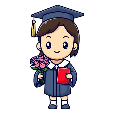 Cute Japanese high school girl in graduation ceremony with bouquet and diploma sticker