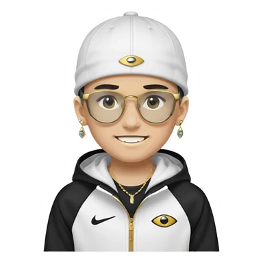 un emoji de un chico emcapuchado blanco, con gorro kalenji, dientes de oro, com uma chaqueta negra nike tech y unas gafas de oakley, con pendientes de diamante  sticker
