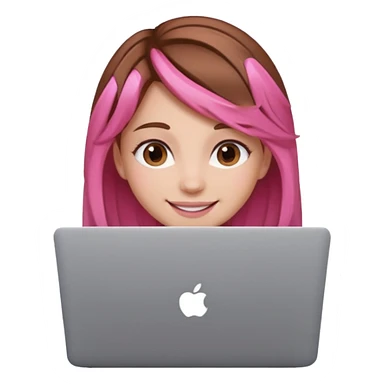 Make an apple emoji of a girl with brown hair that has pink strands of hair with her face behind a laptop screen facing her. sticker