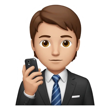 Un hombre masculino,  de traje con tez clara pelo color castaño, vestido con traje camisa y corbata y celular en mano .  sticker