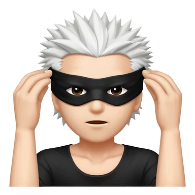 A person with spiky white hair taking off a black blindfold sticker