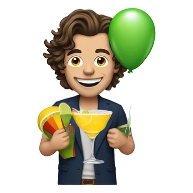 harry styles with a birthday hat holding a margarita and a balloon sticker