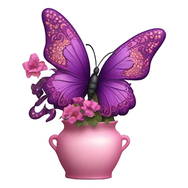 Aesthetic butterfly with purple and pink wings sitting on a dark purple bouquet of Brats in a pastel pink vase  sticker