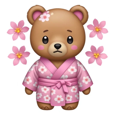 A cute light-brown bear wearing a pastel pink sakura-patterned kimono, normal balanced body ratio.  
Tears pooling under the eyes and softly streaming down cheeks, sad trembling mouth and droopy ears.  
Kawaii emoji style, minimalistic clean sticker illustration, white background. sticker