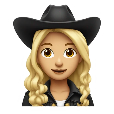 Blonde cowgirl with brown eyes and a black cowboy hat sticker