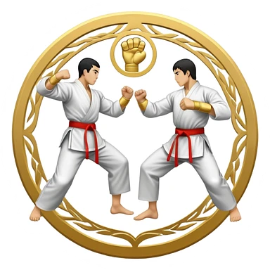 Round emblem symbolizing striking martial arts. The emblem features two fighters in dynamic stances, one delivering a powerful punch while the other defends with a block. In the center, a stylized fist and foot crossed to represent the essence of striking.  sticker