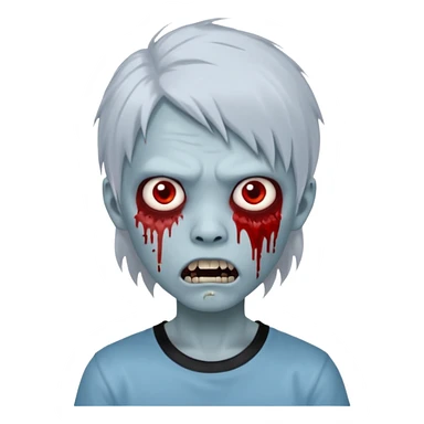 Create a 3D emoji-style avatar with very pale blue-grey zombie skin like the reference image, a young Asian face, and large eyes with blood tears. Give it white mullet-style hair, silver hoop earrings, and a simple black T-shirt. The expression should be slightly angry and has vampire teeth sticker