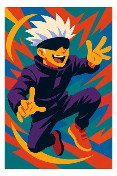 Gojo Satoru from Jujutsu Kaisen, vibrant cartoon style, white hair, blindfold, dynamic action pose sticker