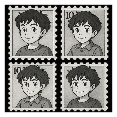 Convert the letter stamp images to completely black and white with no color, preserving the letter stamp style, in a studio ghibli style illustration. Focus on black and white tones only, no color. sticker