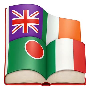 Italian to English dictionary book cover with correct Italian flag and extremely wrong British flag with completely incorrect colors like purple and orange or wrong symbols sticker