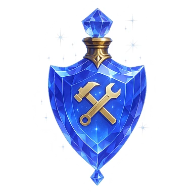 crystal luxurious elixir bottle in shield shape, color #7986cb, with 🛠 symbol on the bottle, lots of shining, edges, ornaments, golden details, magical effects, very small golden neck, transparent background, beautiful seamless bottom, bottle clearly floating in air, no base or shadow, very luxurious, modern, matching a collection sticker