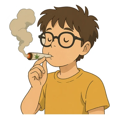 ghibli style app character with black glasses smoking weed sticker