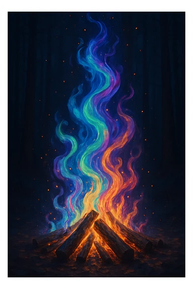 a bonfire with swirling, colorful flames, hypnotic effect, sparkling embers, fantasy, captivating sticker