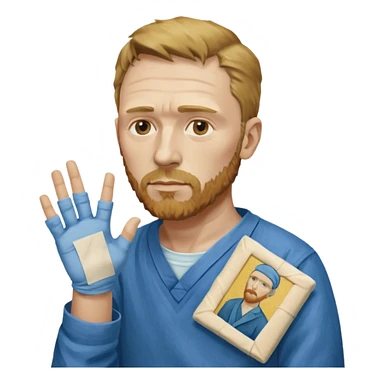 van gogh paints on a canvas. On his right he has a bandage sticker
