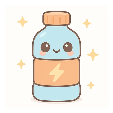 kawaii style sports drink bottle with a cheerful face, pastel blue and orange colors, and a lightning bolt symbol sticker