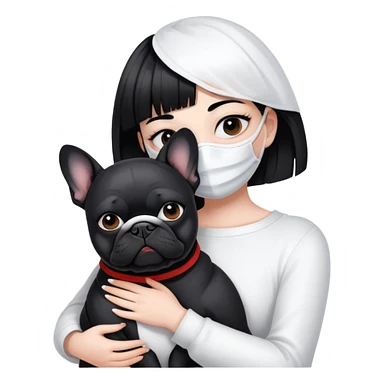 girl with short black straight bangs hair wearing a white mask and hugging a black French bulldog sticker