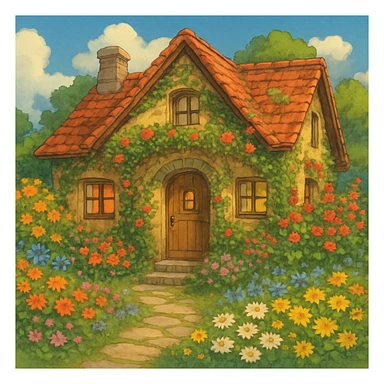 cozy cottage with flowers in ghibli style, charming, detailed sticker