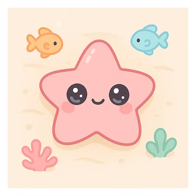 starfish on sandy beach, top-down view, extremely cute underwater cartoon creature with a big round head, huge sparkling eyes, small smiling mouth, and pink shiny skin, rosy cheeks, soft pastel colors, plastic toy-like texture, chibi style, surrounded by colorful fish and coral, gentle lighting, 3D-rendered, high detail, kawaii aesthetic sticker