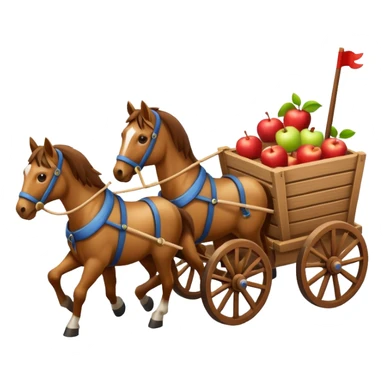 isometric horses pulling a wooden cart, apple emoji style sticker