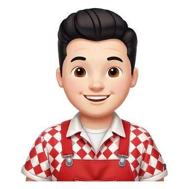 A cheerful, chubby boy with a retro 1950s diner aesthetic, wearing red-and-white checkered overalls and a white t-shirt. He has a playful, confident smile and a classic black pompadour hairstyle sticker