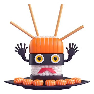 a robot shaped like a sushi roll, with LED eyes, tentacle sticks and soy sauce dripping like wires sticker