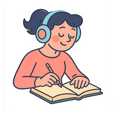 woman with headphones, journaling or reading, pastel toon style sticker