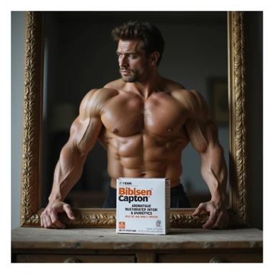 realistic bodybuilder posing in competition in front of mirror, extremely defined muscles, tired eyes, box of aromatase inhibitors and diuretics on furniture labeled in Italian sticker
