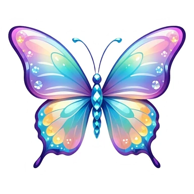 Transparent Shiny Glossy Pastel Gradient Hue Iridescent Crystal Butterfly with bright sparkles and sparkling glitter swirling around it sticker