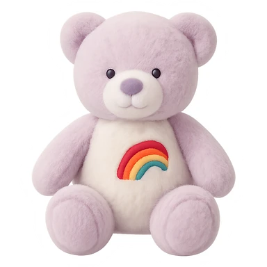 Add a rainbow patch to the purple and white teddy bear, keep it soft and plush, no shadows, flat lighting, no background. The style should maintain the soft and plush look of the teddy bear with flat lighting and no shadows. sticker