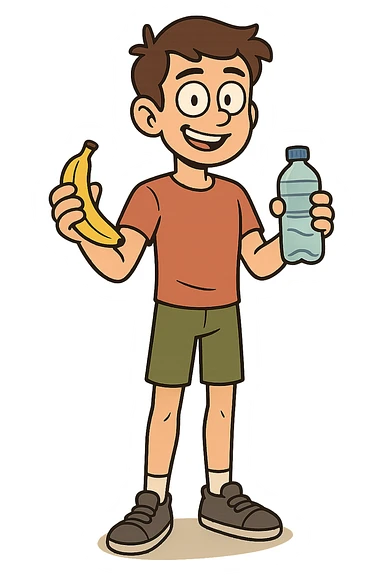 The full body of a young boy who is fit and healthy holding a banana and a drinking bottle of water sticker