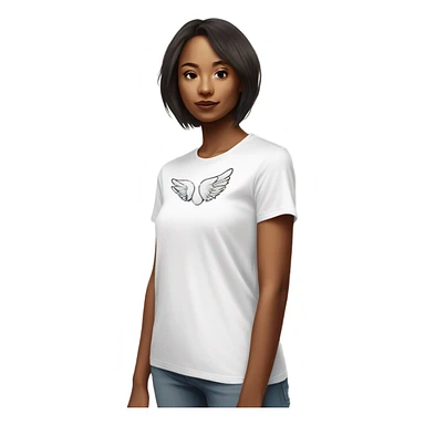 womans white t shirt with small drawing of wings on the front sticker