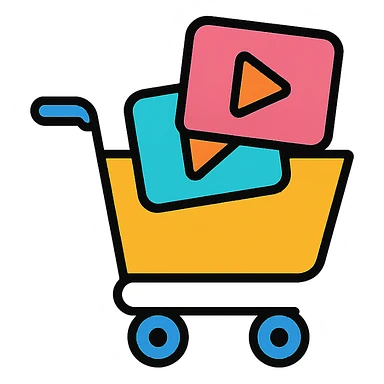 shopping cart with video player icons inside, color outline style sticker