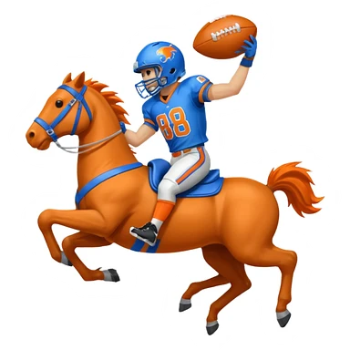 A bucking bronco wearing blue and orange wearing a football helmet with the number 88 sticker