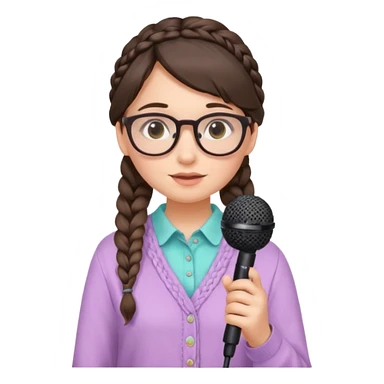 A shy braid brunette singer girl in pastel clothes with glasses, holding the mic with both hands. sticker