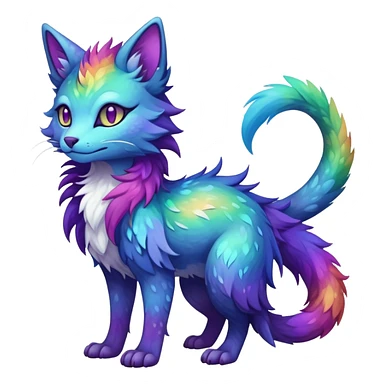 Kawaii dark rainbow iridescent fantasy ethereal feline-vernid-sergal-fursona animal creature with a tufted tail full body with intricate markings sticker