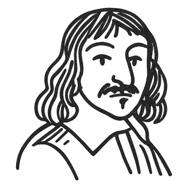 Descartes as a black outline icon, no fill, hand-drawn look, recognizable philosopher features sticker
