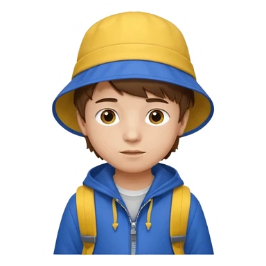 Little student, brown hair boy, wears blue bucket hat and jacket, yellow backpack, shy sticker