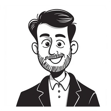 A middle-aged man with a medium black and gray beard, short dark hair cut to the scalp on the sides and combed back on top, blue eyes, smiling sticker